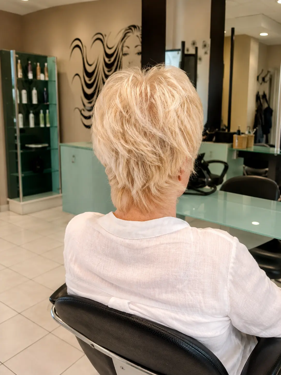 Taglio corto biondo mosso con volume, vista di spalle, parrucchiere Nuova Immagine Coiffeur a Milano Brenta - Corvetto