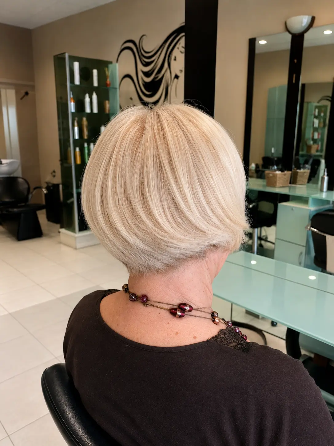 Caschetto corto biondo platino con nuca sfumata, vista di spalle, salone Nuova Immagine Coiffeur a Milano Brenta - Corvetto