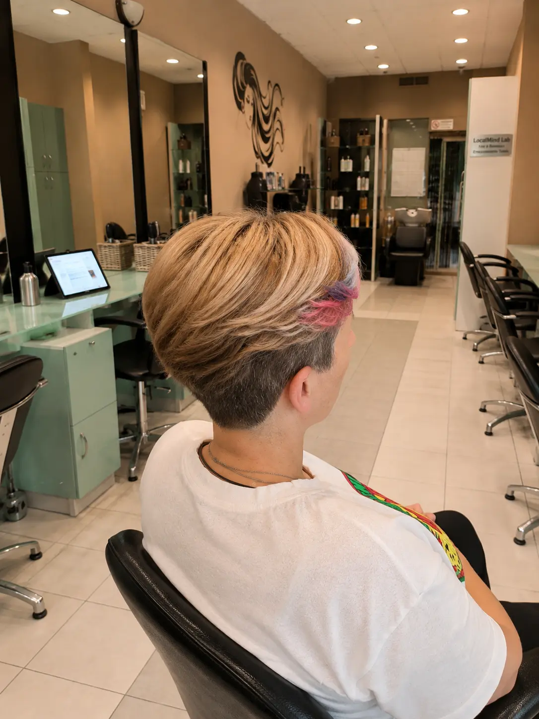 Taglio corto biondo con meches colorate, vista di spalle, parrucchiere Nuova Immagine Coiffeur a Milano Brenta - Corvetto
