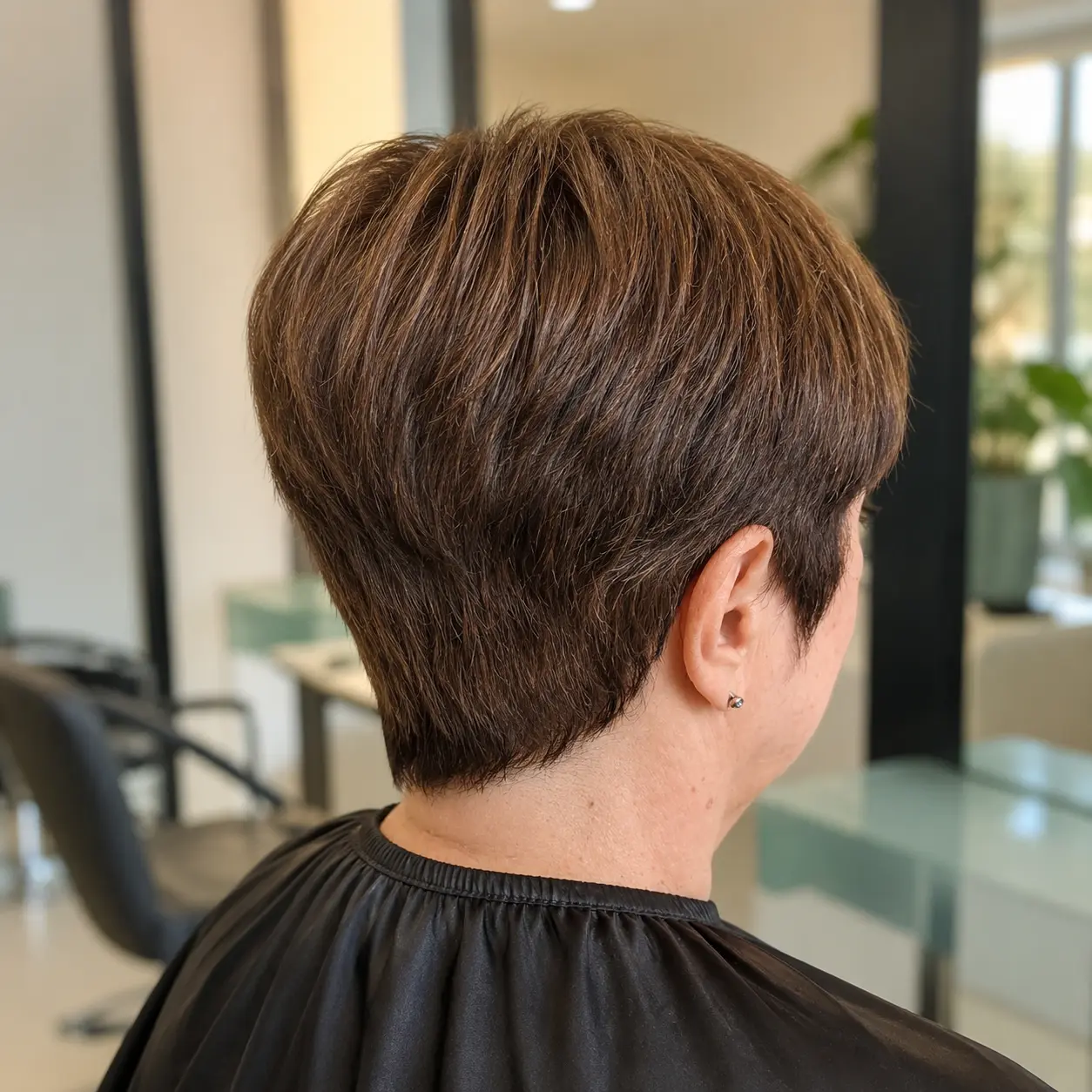 Taglio corto donna con meches bionde e nuca sfumata, vista di spalle, salone Nuova Immagine Coiffeur a Milano Brenta - Corvetto