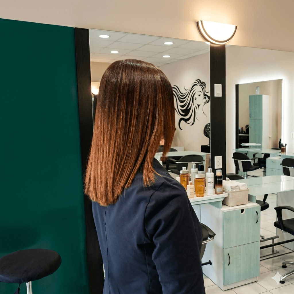 Donna con capelli castani lisci e lucidi di spalle in un salone di bellezza.