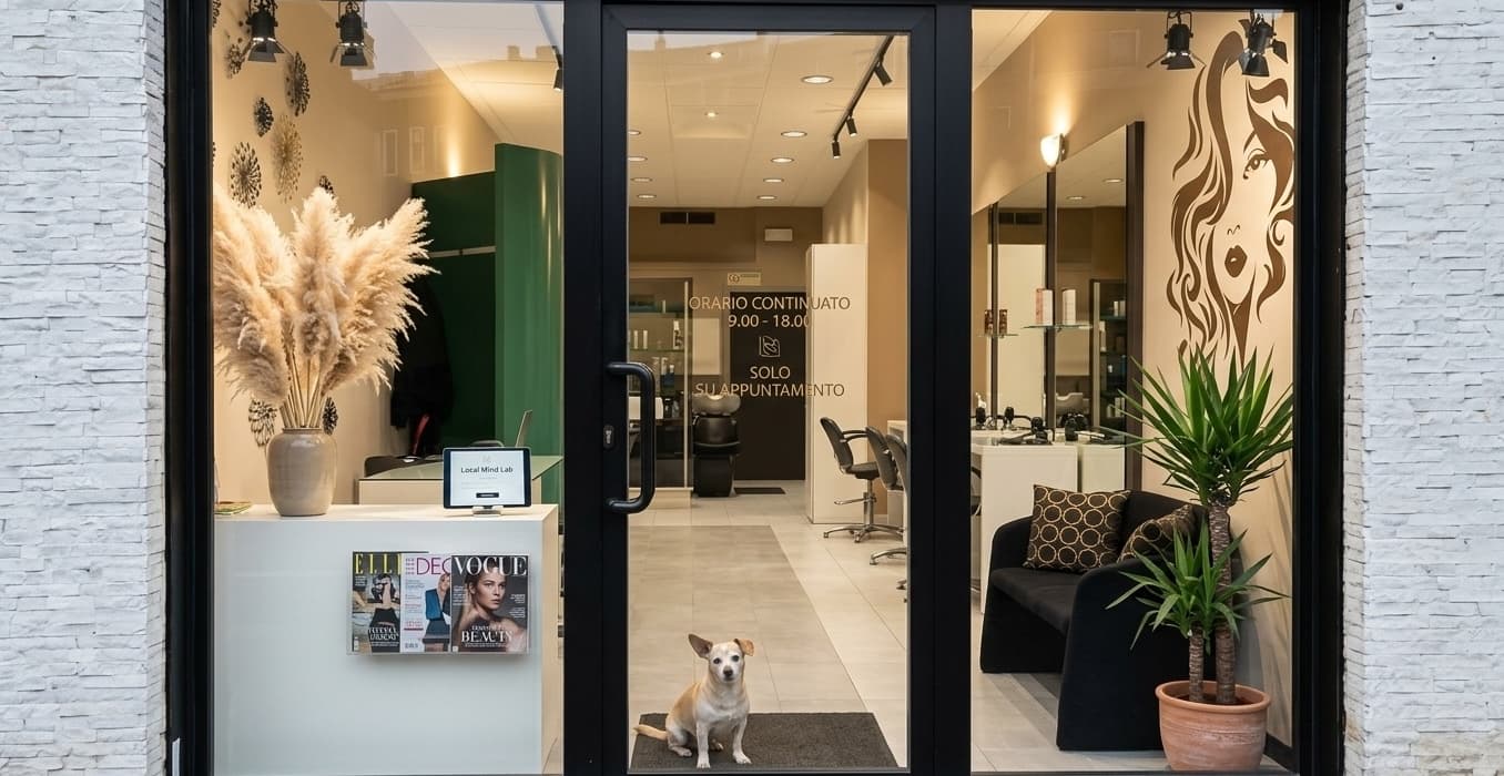 Ingresso vetrato di un salone di parrucchiere con un piccolo cane seduto e arredamento elegante.