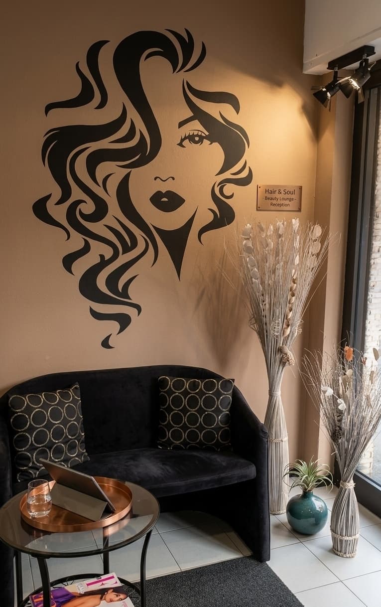Elegante reception con divano nero, piante secche e grande murale stilizzato di un volto femminile.